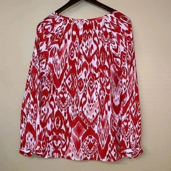Chico’s red white Ikat Popover Top Blouse tassel ties Aztec Boho Beach Size M - Picture 3 of 11
